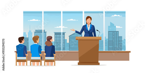 A professional woman in a blue suit stands confidently behind a wooden podium, gesturing as she delivers a speech to a silhouette audience against a backdrop of large windows and city ... See More