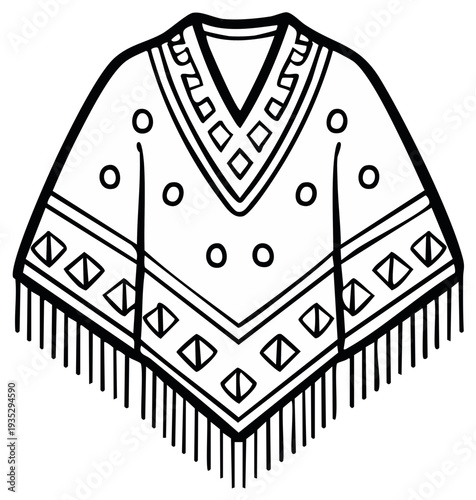 Traditional Ethnic Poncho Illustration Fringe Detail Clothing Textile Apparel Isolated Hand Drawn Style Drawing Pattern Ornament