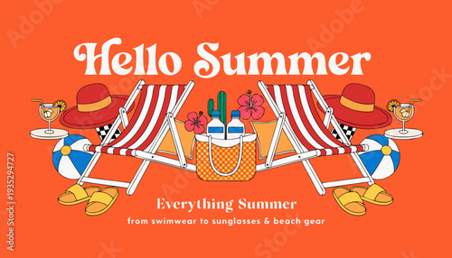 Hello Summer beach vacation illustration with a vibrant orange background 