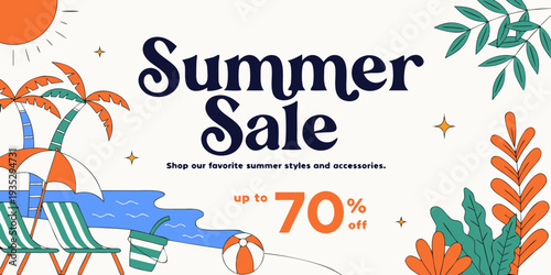 Summer sale banner with beach elements and discounts