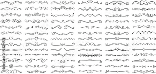 Decorative vintage flourish divider ornament collection, elegant calligraphic swirl borders and separators set, cad drawing flat vector illustration