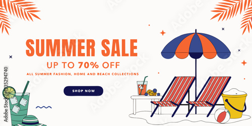 Summer sale with beach umbrella, chairs, and drinks