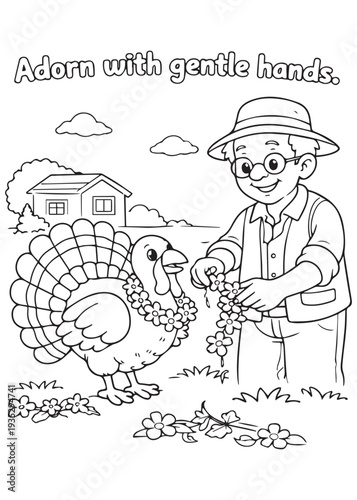 coloring book grandpa adorning a turkey with a soft garland, using gentle hands and care