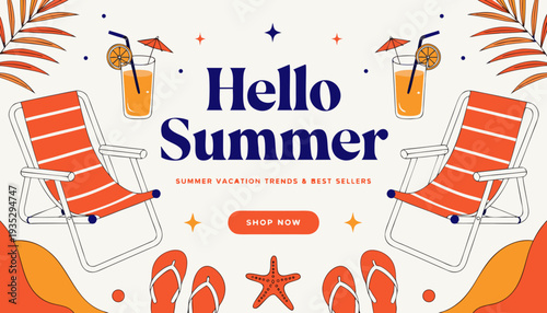 Hello Summer banner with drinks, chairs and sandals