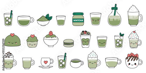 Kawaii Matcha Drinks and Desserts Collection with Cute Faces illustration