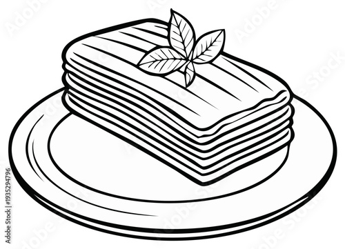 Black and white illustration of a delicious slice of lasagna with basil topping served on a plate