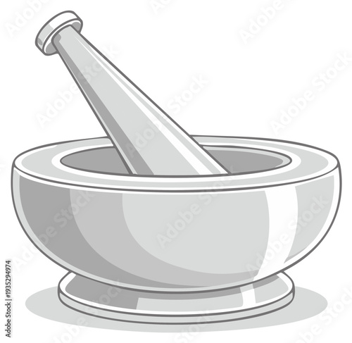 Mortar and pestle illustration with grey tones, kitchen tool for crushing and grinding herbs and spices