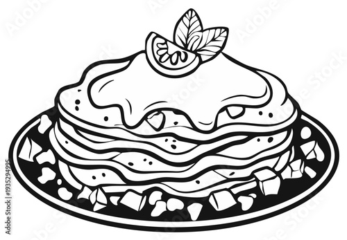 Line Drawing of a Delicious Stacked Lasagna Dish with Tomato Garnish