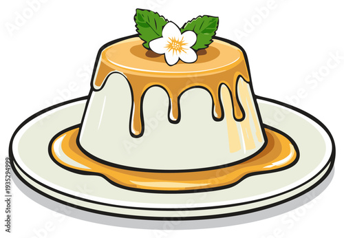 Delicious creamy dessert with caramel sauce and mint leaf garnish