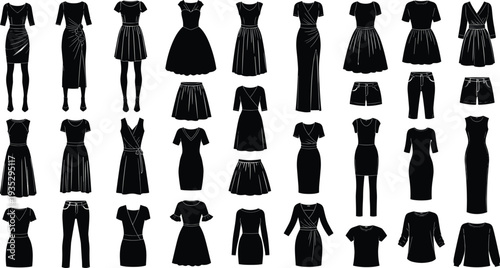 Large Collection of Women's Fashion Apparel Silhouettes Featuring Various Dresses Skirts Pants and Tops Isolated on White Background for Design Projects