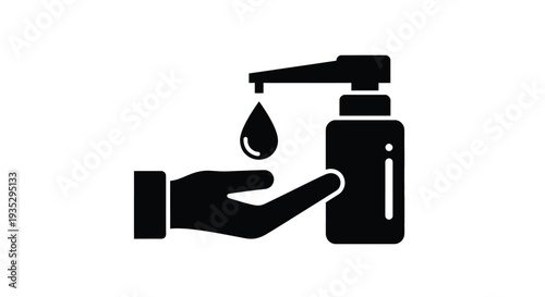 Hand sanitizer dispensing a drop into a hand simple black icon