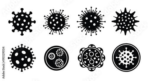 Black silhouettes of various virus and bacteria cell structures