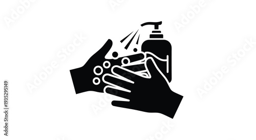 Hands being washed with soap under a dispenser hygiene illustration