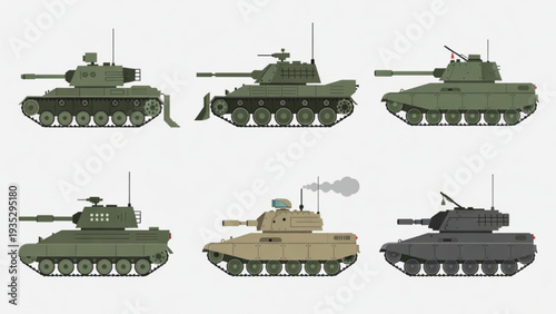 Modern Military Tank Variations in Side View Illustration Set