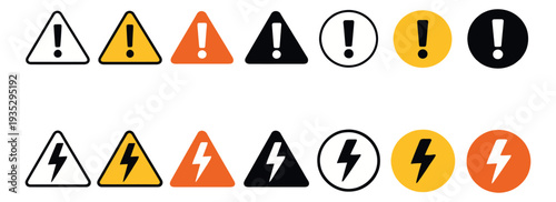 Graphic warning and danger icons set featuring exclamation mark and lightning bolt symbols for safety and alert notifications