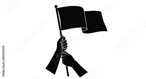 A black flag is being held by a pair of hands in a stark illustration