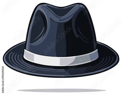 Classic dark fedora hat with a white band and a subtle shadow in a simple illustrative style