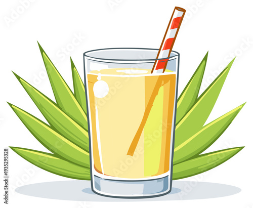 Refreshing alcoholic beverage served with agave leaves and a striped straw