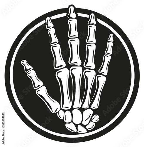 Anatomy Illustration of a Human Hand Bone Skeleton Symbol in Black Circle Design