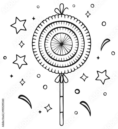Black and white hand drawn lollipop with stars and decorative elements