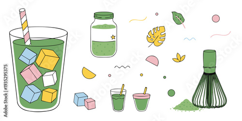 Matcha Drink and Accessories with Pastel Accents and Geometric Shapes beverage ice cubes