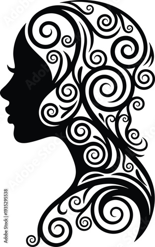 Minimalist black and white profile silhouette of a woman with long flowing hair styled in intricate decorative floral swirl patterns vector illustration.