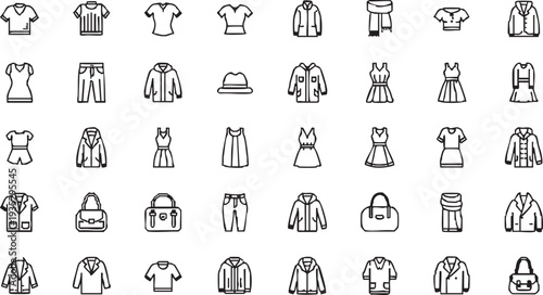 Collection of black line of clothing and accessories on white background line black and white