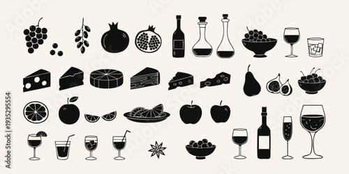 Silhouette Collection of Food and Drink Items Including Fruits Cheese and Wine vector illustration