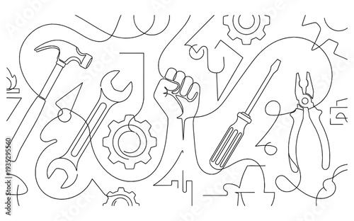 Worker's Day Monoline Background with Integrated Tools and Gears