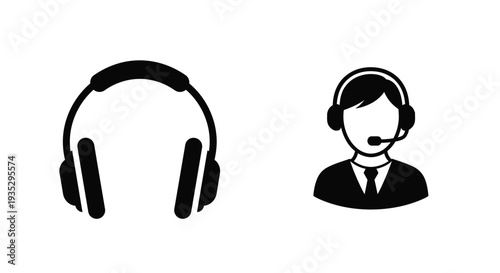 Black and white icons depicting headphones and a customer service representative