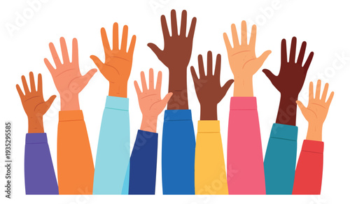 Flat illustration of diverse raised hands depicting community and inclusion for social awareness