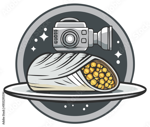 Retro movie camera films tasty alien burrito on a glowing platter against starry cosmos background