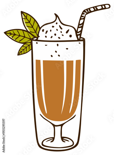 Refreshing cold coffee drink with whipped cream mint leaves and striped straw in a tall glass illustration