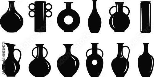 Black silhouette collection of various ceramic vases and pottery jars with handles for interior design, home decor, and vessel icons.