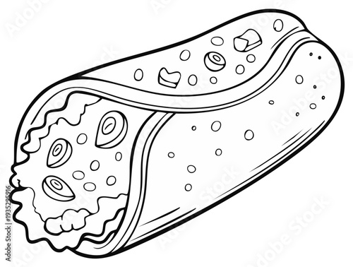 Black and white outline illustration of a savory burrito wrap with meat and toppings, food art drawing