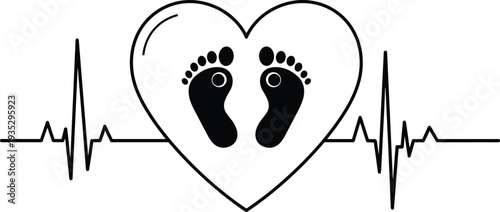 Minimalist Heartbeat EKG Line with Baby Footprints Inside Heart Shape Icon Representing Pregnancy Newborn Life Maternal Healthcare and New Family Beginning
