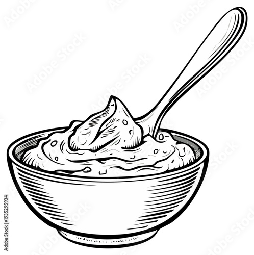 Bowl of Hummus with Spoon Hand Drawn Illustration Black and White