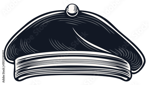 Vector illustration of an elegant black beret, stylish headwear for men or women, with delicate decorative lines on a white background.