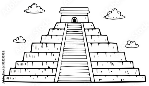 Hand drawn illustration of a Mayan Pyramid with Clouds