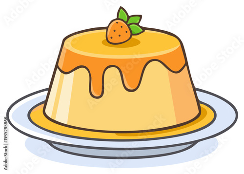 Delicious caramel custard dessert with strawberry topping on a plate