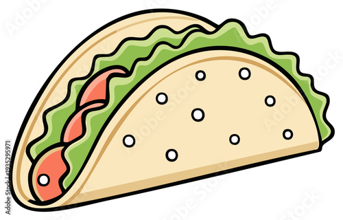 Cartoon taco illustration featuring fresh lettuce, tomato, and a crispy tortilla shell, perfect for culinary or food-related themes.
