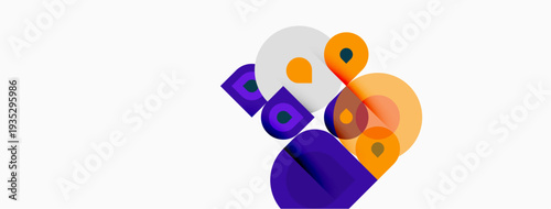 Abstract geometric shapes overlap, creating vibrant composition. Orange, purple, yellow tones dominate white background. Modern design element.