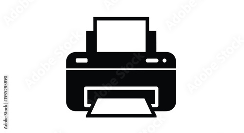 Simple black silhouette of a desktop printer with paper output