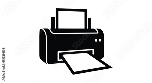 A black and white silhouette of a modern inkjet printer with paper