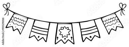 Drawn bunting flags with decorative patterns for festive celebrations.