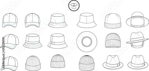 Hat collection set with baseball cap bucket hat beanie and fedora styles, fashion headwear technical templates, cad drawing flat vector illustration