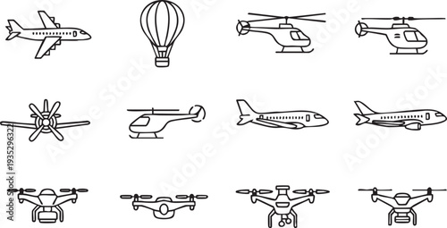 Collection of black line of various aircraft and a hot air balloon on white background airplanes