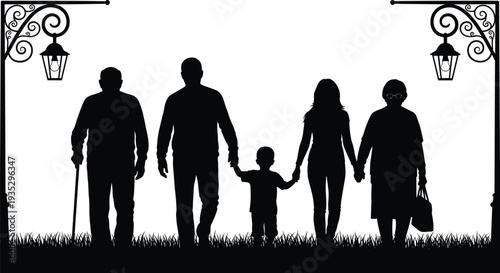 Multi Generational Family Silhouette Walking Through City Park with Grandparents Parents and Child Under Decorative Street Lamps for Lifestyle Vector Graphic Design