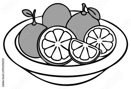 Bowl of fresh oranges on a white table. Healthy food rich in vitamin C. Simple still life of whole and sliced citrus fruit. Food illustration.