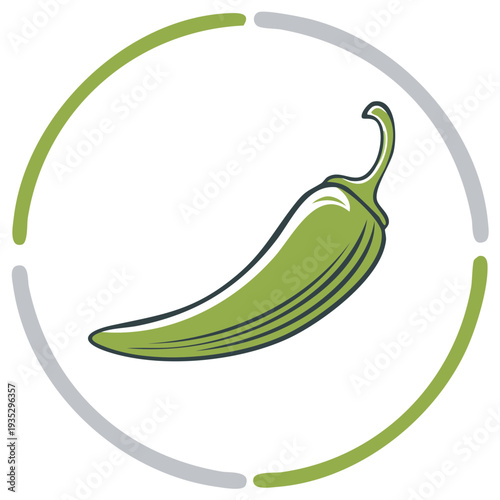 Stylized green chili pepper vector art within a modern segmented circular frame for spicy food concept